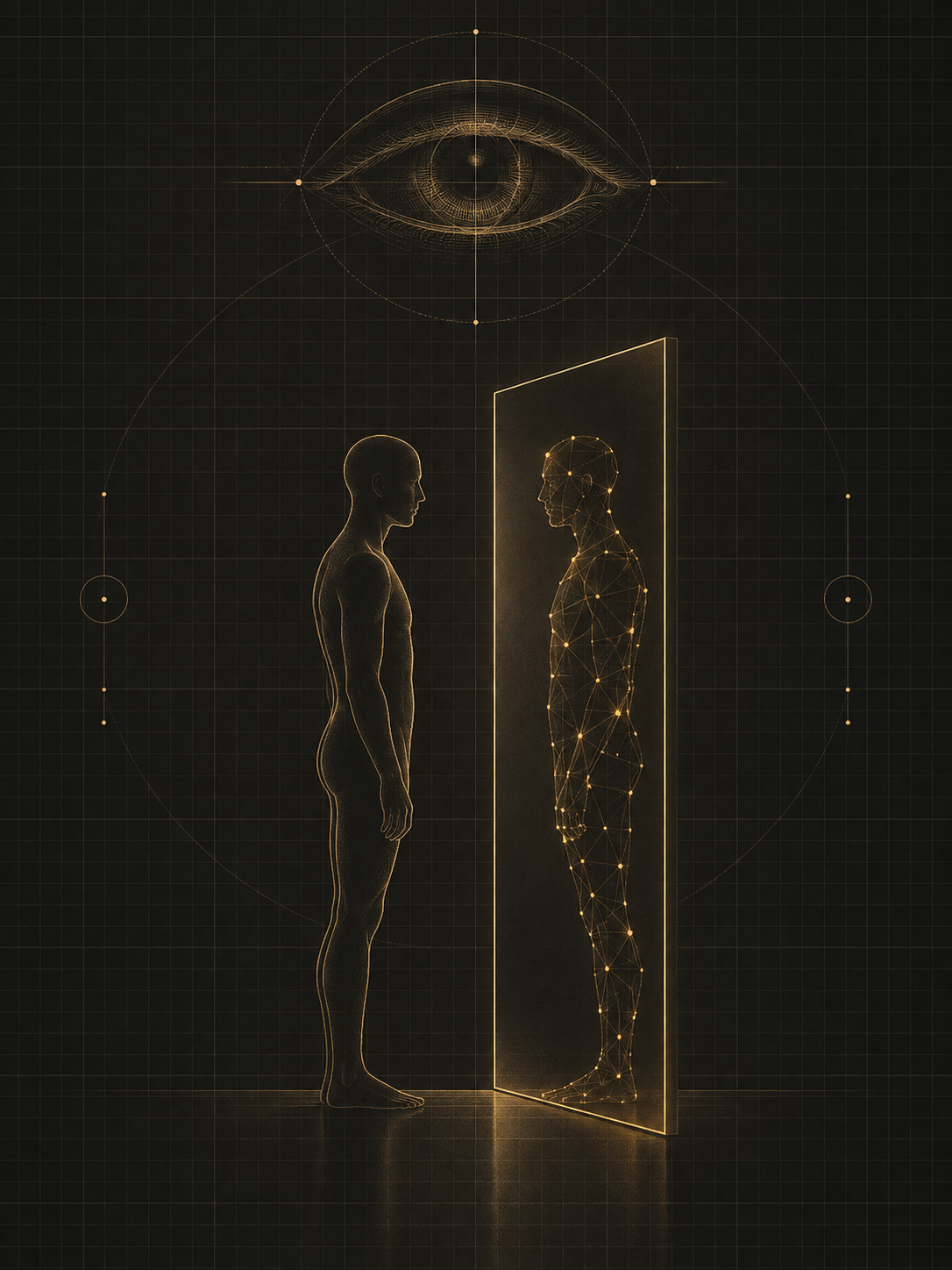 Conceptual illustration: a person facing a reflection made of connected agents, beneath an observing eye